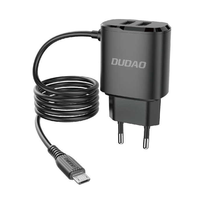 2x USB tīkla lādētājs ar integrētu mikro USB kabeli 12 W melns