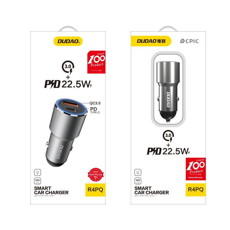 USB USB-C PD QC auto lādētājs 22,5W pelēks