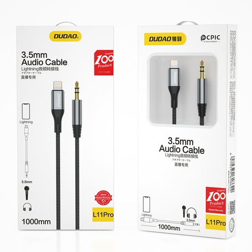 Medvilninis pintas AUX garso kabelis "iPhone Lightning" - mini lizdas 3,5 mm 1 m pilkos spalvos