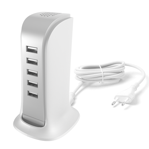 A5EU įkroviklis penkiems įrenginiams 5x USB su integruotu maitinimo kabeliu, baltos spalvos