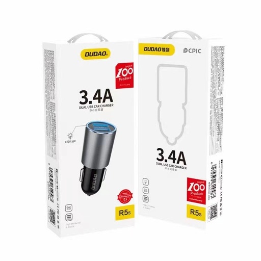R5s automobilinis įkroviklis su apšvietimu 2x USB 3,4A pilkos spalvos