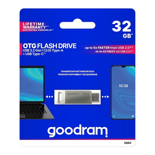 32 GB zibatmiņas diskdziņš ar divām USB 3.2 + USB-C OTG ODA3 sudraba krāsā