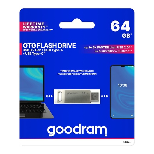 64GB zibatmiņas diskdziņš dual USB 3.2 + USB-C OTG ODA3 sudraba krāsā