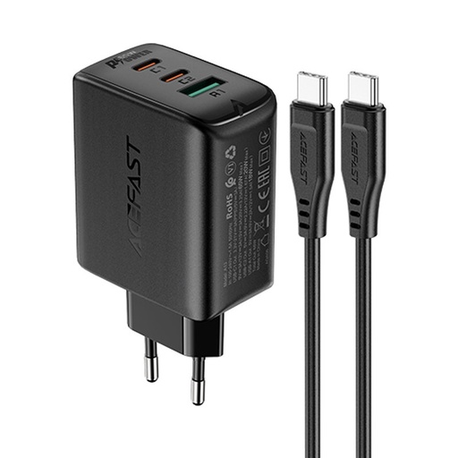 2in1 2x USB-C USB 65W tinklo įkroviklis + USB-C kabelis, juodas