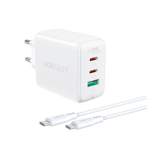 2v1 2x USB-C USB 65W tīkla lādētājs + USB-C kabelis, balts