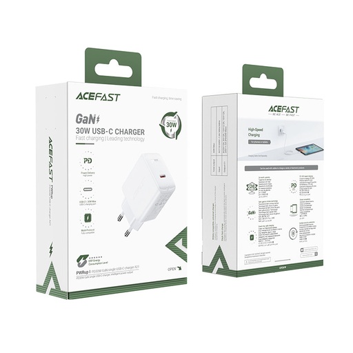 GaN USB-C 30W PD QC 3.0 AFC FCP tīkla lādētājs balts