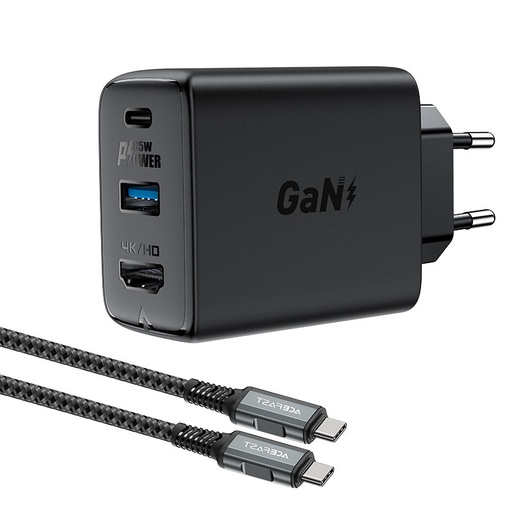 2v1 lādētājs ar USB-C kabeli + USB-C uz HDMI 4K adapteri melns