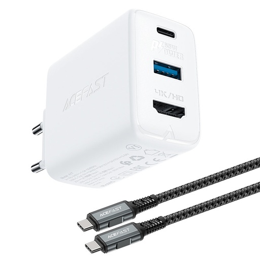 2v1 lādētājs ar USB-C kabeli + USB-C uz HDMI 4K adapteri, balts