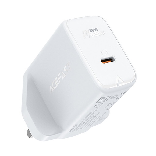 GaN USB-C 30W Q3 3.0 AFC FCP UK kontaktdakša balts tīkla lādētājs