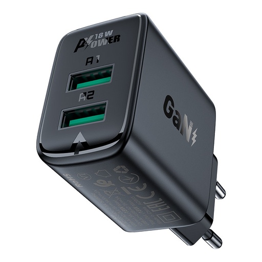 GaN 2x USB 18W QC 3.0 AFC FCP tīkla lādētājs melns