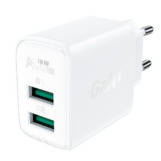 GaN tīkla lādētājs 2x USB 18W QC 3.0 AFC FCP balts