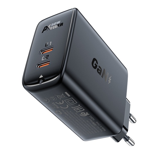 A29 GaN divu pieslēgvietu USB-C PD 50W tīkla lādētājs melns