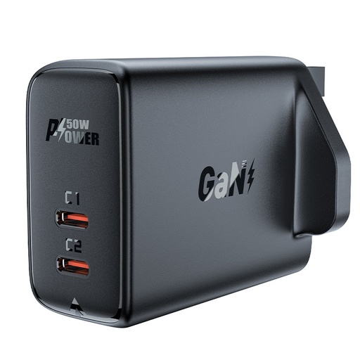 Angļu lādētājs A32 GaN divu pieslēgvietu USB-C PD 50W spraudnis UK melns