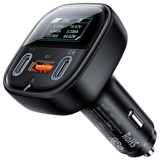 Auto lādētājs ar displeju 2x USB-C 1x USB 101W Power Delivery QC 4.0 melns