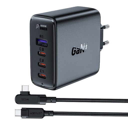 GaN ātrais lādētājs 3x USB-C 1x USB-A + USB-C leņķa kabelis 100W 2m melns