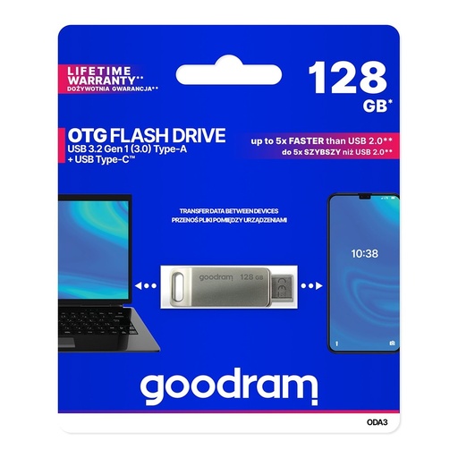 128 GB zibatmiņas diskdziņš ar diviem USB 3.2 + USB-C OTG savienotājiem ODA3 sudraba krāsā