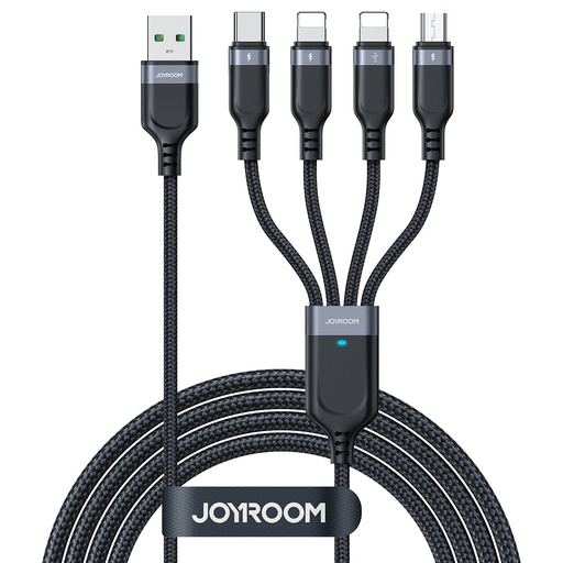 4v1 kabelis USB-A - USB-C 2x iPhone Lightning microUSB 1,2 m melns