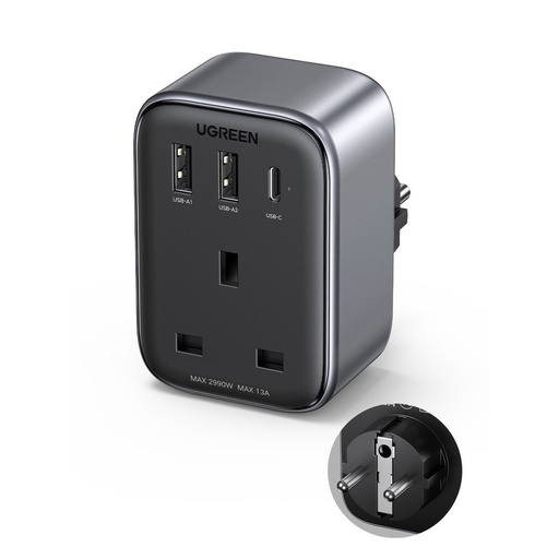 2v1 ES lādētājs 2x USB USB-C + adapteris Apvienotās Karalistes kontaktdakšu adapterim melns