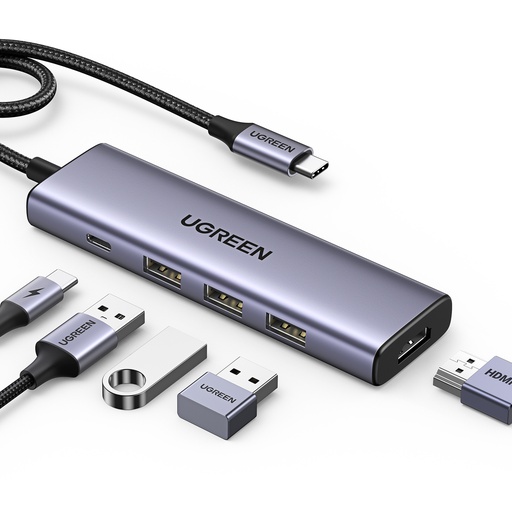5in1 daudzfunkcionāls HUB adapteris USB-C 3x USB-A HDMI 4K PD 100W pelēks