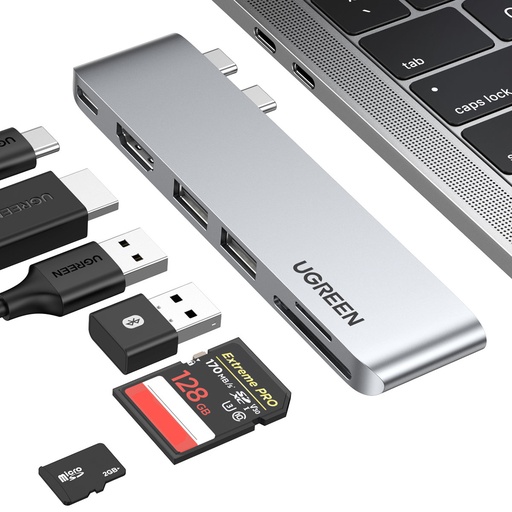 Port Splitter HUB MacBook Air Pro 2x USB-C HDMI 2x USB 3.0 SD TF PD pelēks