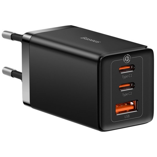 GaN 2x USB-C USB ātrais lādētājs 65W + USB-C kabelis melns