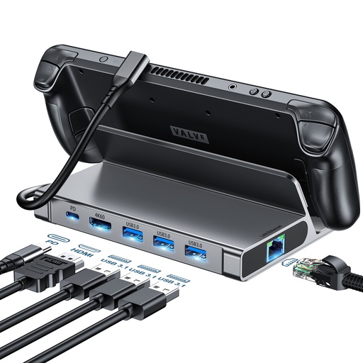HUB adapteris Steam Deck USB-C USB-A HDMI RJ45 PD pelēks
