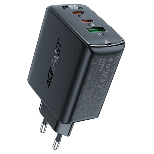 GaN 2x USB-C USB-A PPS PD QC4+ 65W quick charger black