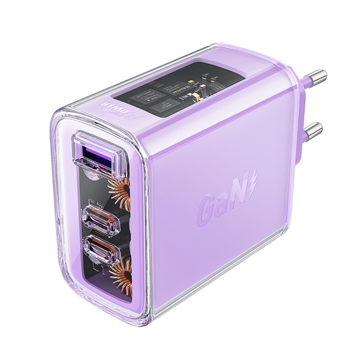 GaN 65W 3 port 1x USB 2x USB-C mains charger purple