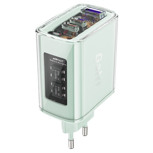 GaN 65W power charger 3 ports 1x USB 2x USB-C green