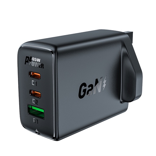 UK GaN 65W English plug charger 1x USB 2x USB-C PD black