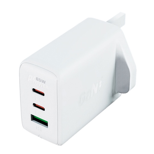 UK GaN 65W English plug charger 1x USB 2x USB-C PD white