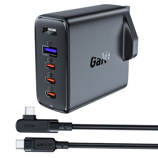 2-in-1 GaN cable and fast charger English plug UK 100W PD 3x USB-C USB black