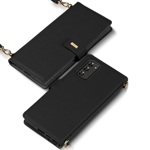 Ādas futrālis ar atloku un plecu siksnu Galaxy Note 20 tālrunim, melns