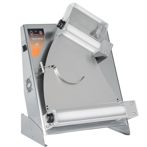 Electric pizza dough rolling machine with two pairs of rollers 370W dia 40cm.