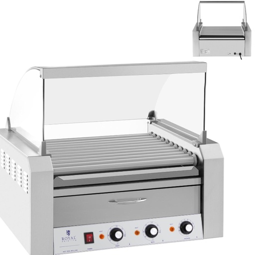Roller grill with cover and warming drawer for rolls 20 hotdog sausages 2600W 230V Royal Catering