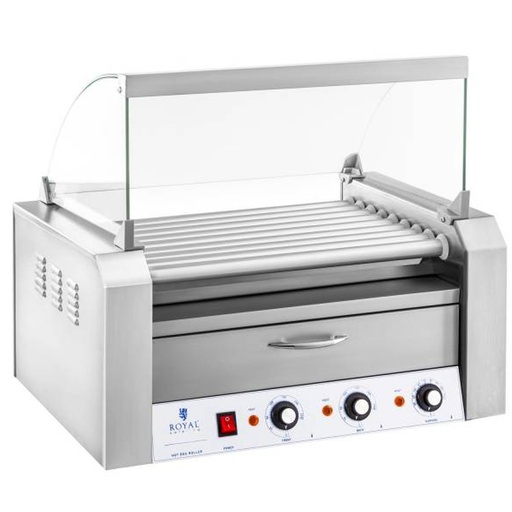 Roller grill with cover and warming drawer for buns 16 hotdog sausages 2200W 230V Royal Catering
