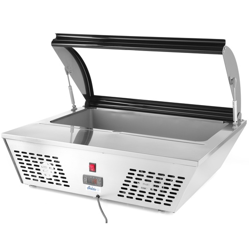 Adjustable refrigerated salad display case with lift-up lid 8x GN 1/6 67L Hendi 233672