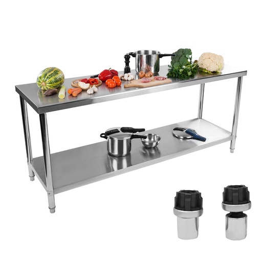 Catering table top central steel work surface with shelf 200x60cm