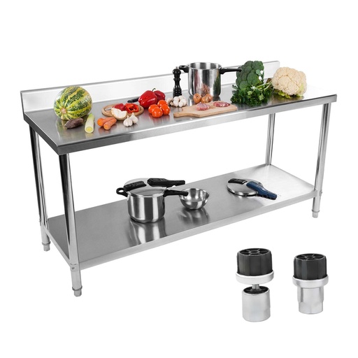 Wall-mounted catering worktable with rim and shelf 180x60cm
