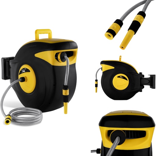 Wall mounted hose reel with garden hose connection 3/4#8221; 32m long.