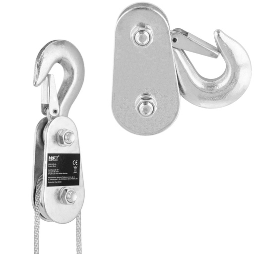 Rope pulley for winch with carabiner hook load capacity 2 t