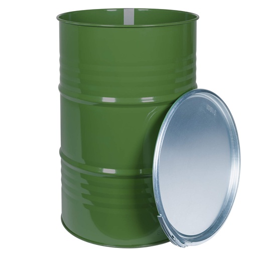 Steel metal barrel OH 212L with grooves removable lid interior painted GREEN