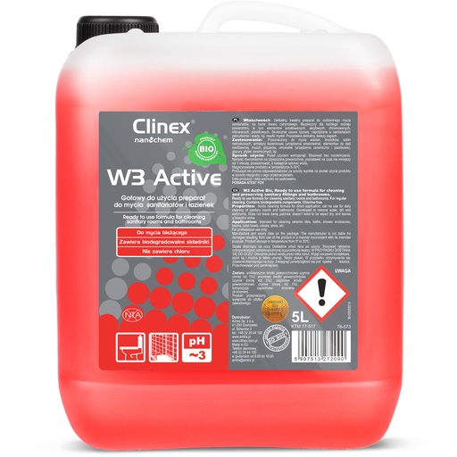 Uz citronskābes bāzes izgatavots tualetes un vannas istabas tīrīšanas līdzeklis CLINEX W3 Active BIO 5L