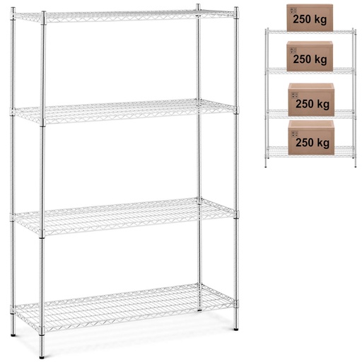 Workshop rack chrome plated 4 openwork shelves up to 1 t 1000 kg 120x45x180 cm