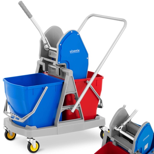 Floor cleaning cart with wringer press for flat mop two buckets 2 x 20 l