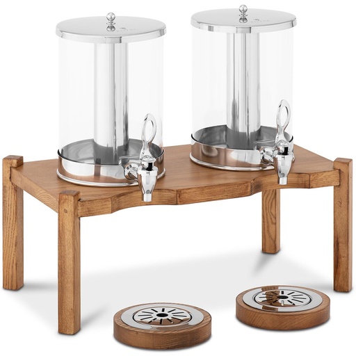 Double juice drink dispenser with cooling system on wooden base 2x 7 l
