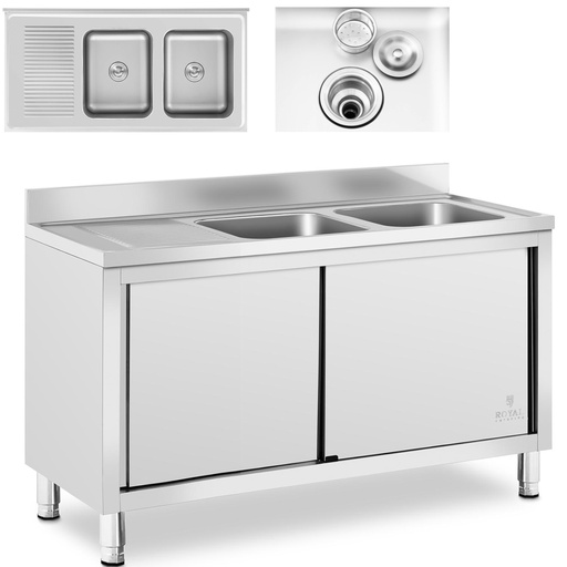 Food service double bowl pool sink with cabinet with sliding door 140 x 70 x 95 cm