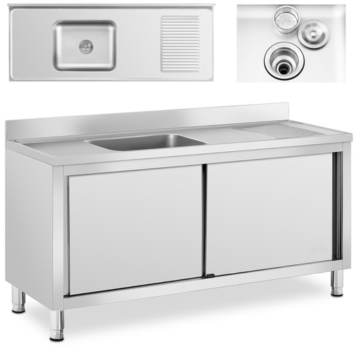 Food service pool sink single bowl with cabinet with sliding door 160 x 60 x 94.5 cm