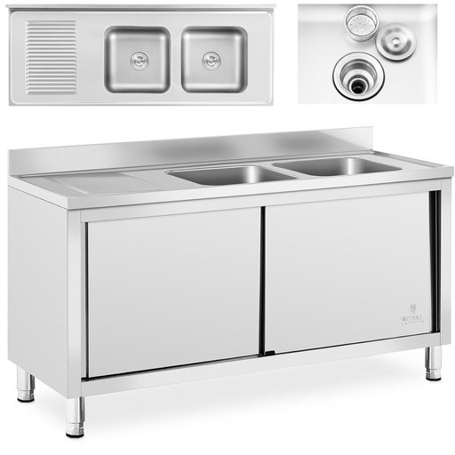 Food service double bowl pool sink with cabinet with sliding door 160 x 60 x 95 cm