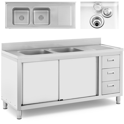 Food service double bowl pool sink with cabinet with sliding doors drawers steel 160 x 60 x 95 cm
